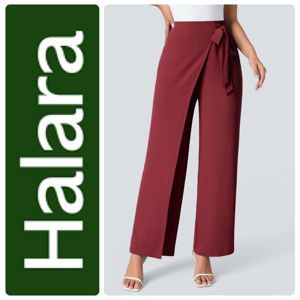 HALARA Red High Waisted Tie Side Invisible Zipper Wide Leg Work Pants